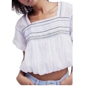 Free People White Short Sleeve Smocked Peasant Top